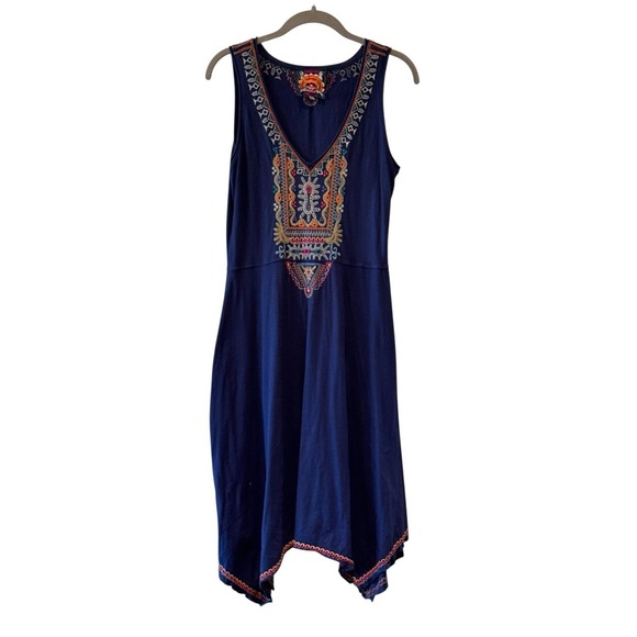 Johnny‎ Was Navy Blue Embroidered Boho Swing Handkerchief Hem Dress  Size Small - Picture 1 of 6